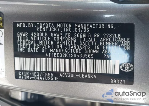 2005 Toyota Camry Le из США, поврежденный, VIN 4T1BE32K15U539569